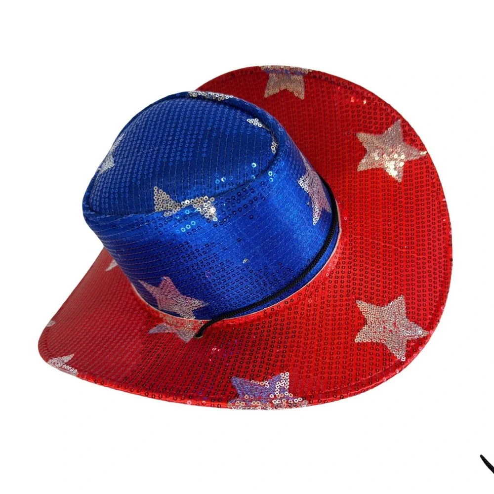 Patriotic LED Light Up Sequin Cowboy Hat Red White Blue Stars 4th of July Party
